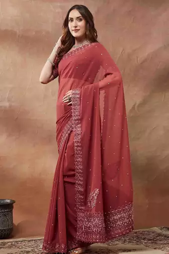 maroon embroidered embellished beads and stones georgette saree