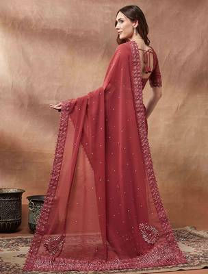 maroon embroidered embellished beads and stones georgette saree 3