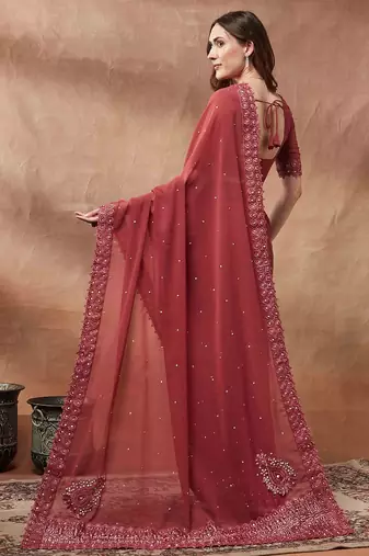 maroon embroidered embellished beads and stones georgette saree