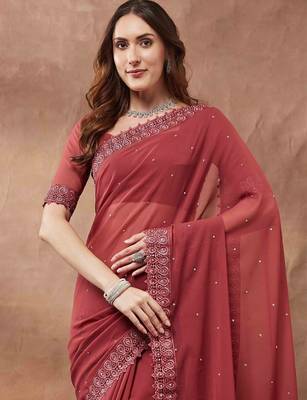 maroon embroidered embellished beads and stones georgette saree 4