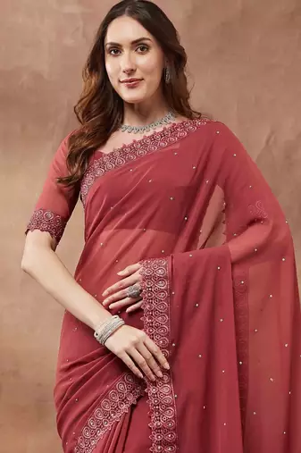 maroon embroidered embellished beads and stones georgette saree