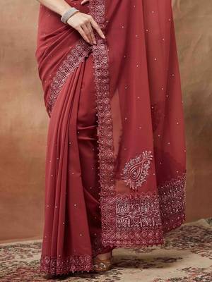 maroon embroidered embellished beads and stones georgette saree 5