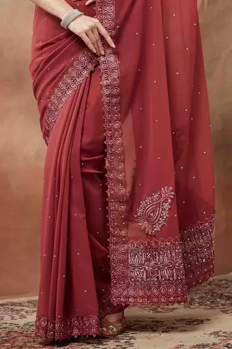 maroon embroidered embellished beads and stones georgette saree