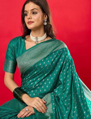 teal woven design zari banarasi silk blend saree 1