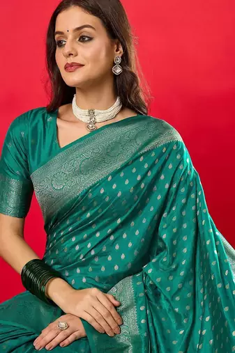 teal woven design zari banarasi silk blend saree