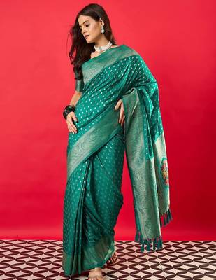 teal woven design zari banarasi silk blend saree 2