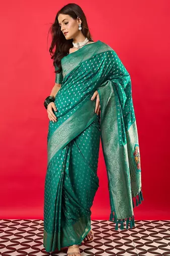 teal woven design zari banarasi silk blend saree