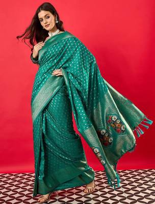 teal woven design zari banarasi silk blend saree 3