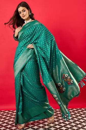 teal woven design zari banarasi silk blend saree