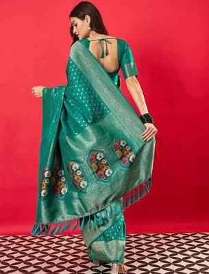 teal woven design zari banarasi silk blend saree 4
