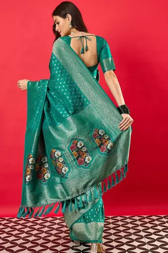 teal woven design zari banarasi silk blend saree