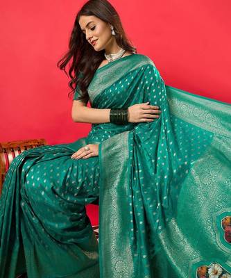 teal woven design zari banarasi silk blend saree 5