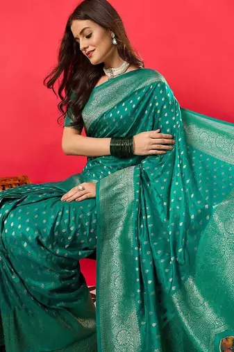 teal woven design zari banarasi silk blend saree