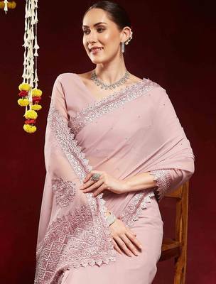 lavender embellished georgette saree 4