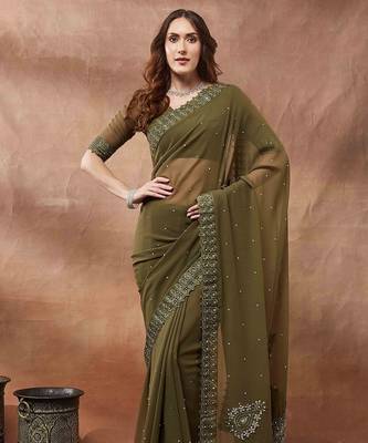 olive embroidered embellished georgette saree 1