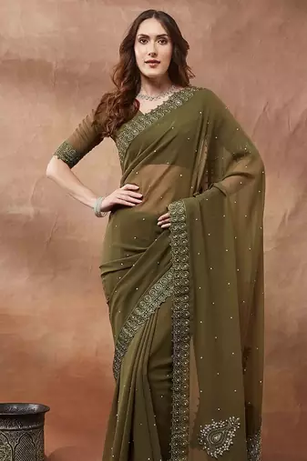olive embroidered embellished georgette saree