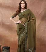 olive embroidered embellished georgette saree