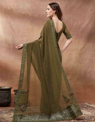 olive embroidered embellished georgette saree 2