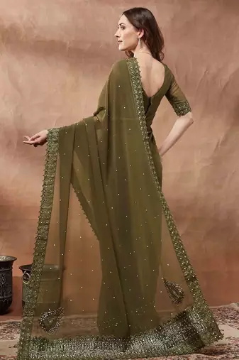 olive embroidered embellished georgette saree