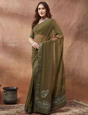 olive embroidered embellished georgette saree 3