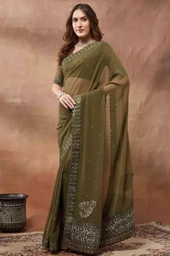 olive embroidered embellished georgette saree