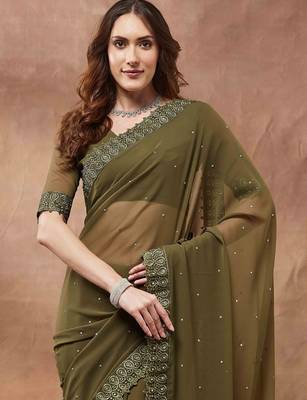 olive embroidered embellished georgette saree 4