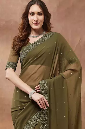 olive embroidered embellished georgette saree