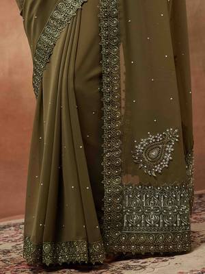 olive embroidered embellished georgette saree 5