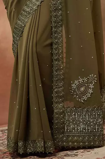 olive embroidered embellished georgette saree