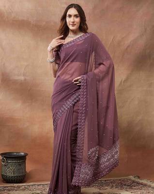 purple embroidered embellished georgette saree 1