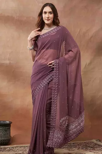purple embroidered embellished georgette saree
