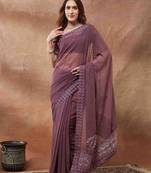 purple embroidered embellished georgette saree