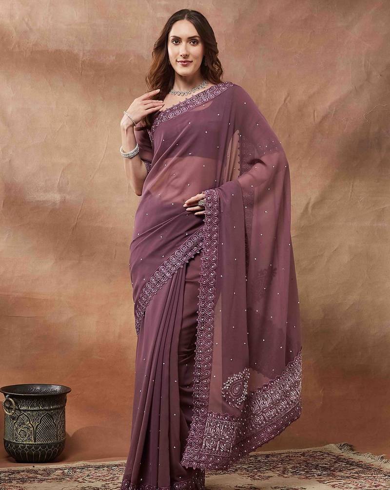 purple embroidered embellished georgette saree