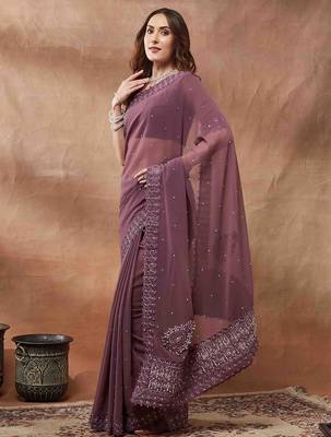 purple embroidered embellished georgette saree 2