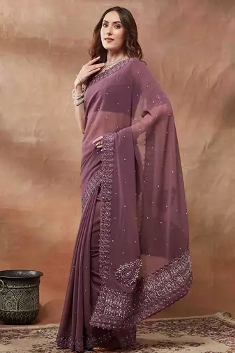 purple embroidered embellished georgette saree