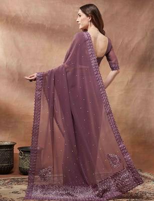 purple embroidered embellished georgette saree 3