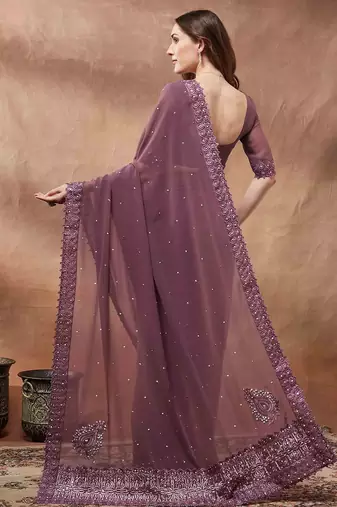 purple embroidered embellished georgette saree