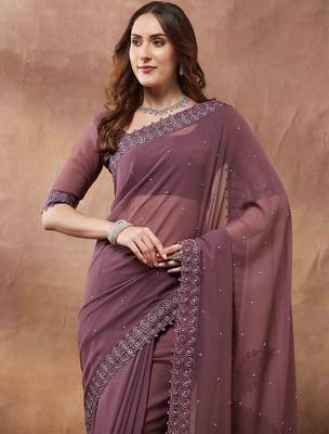 purple embroidered embellished georgette saree 4