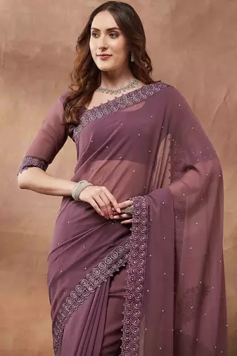 purple embroidered embellished georgette saree