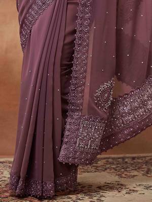 purple embroidered embellished georgette saree 5