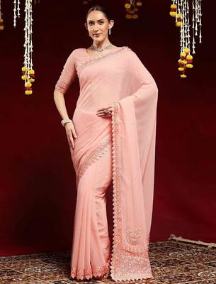 peach embellished beads and stones georgette saree 1