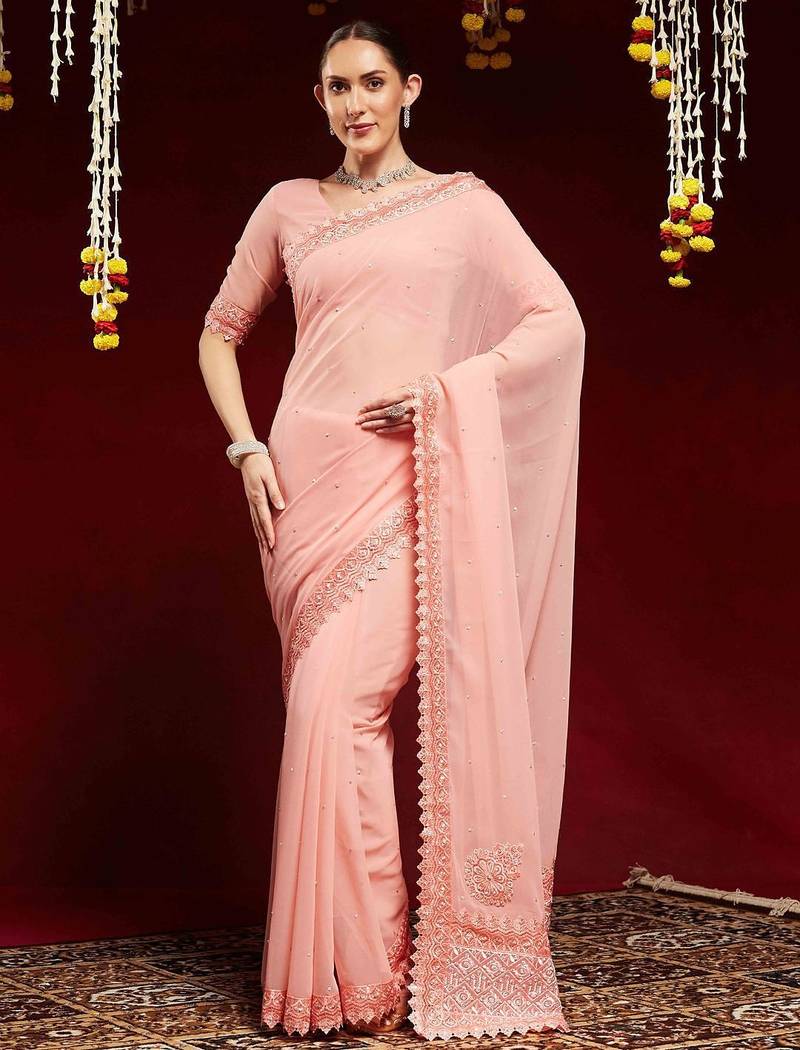 peach embellished beads and stones georgette saree
