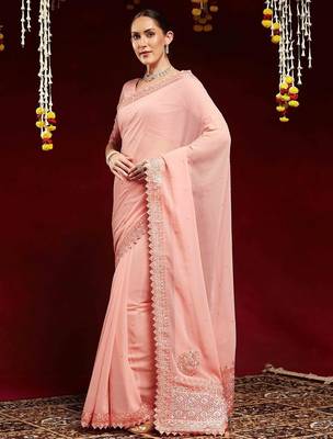 peach embellished beads and stones georgette saree 2