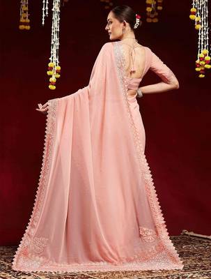 peach embellished beads and stones georgette saree 3