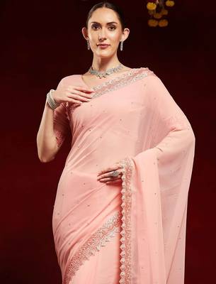 peach embellished beads and stones georgette saree 4