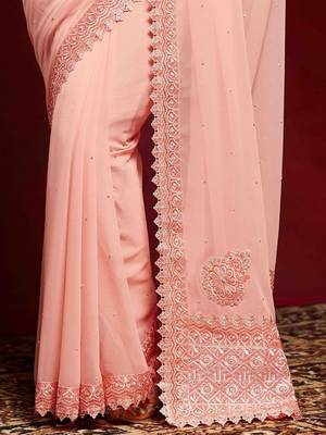 peach embellished beads and stones georgette saree 5