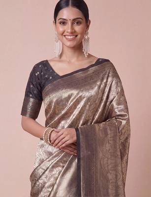 olive woven design zari kanjeevaram silk blend saree 4