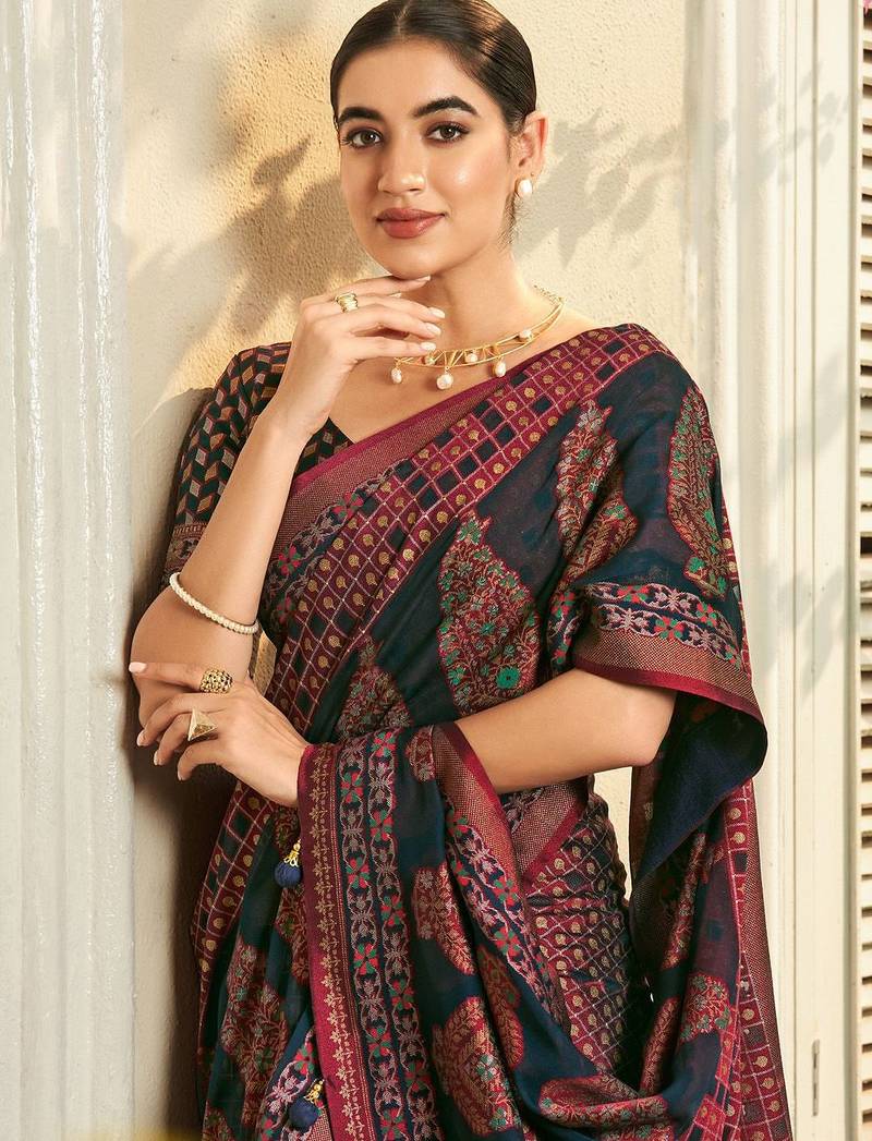 navy blue ethnic motifs poly georgette designer saree