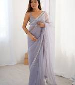 lavender embellished border sequinned net saree