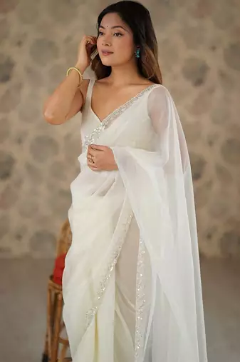 off white embroidered embellished beads and stones net saree
